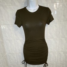 Popular 21 Green Ribbed Knit Ruched Drawstring Bodycon Mini Dress SS S