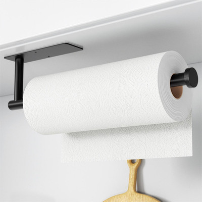 Paper Towel Holder - Self-Adhesive or Drilling, Matte Black Wall Mounted Rack - 