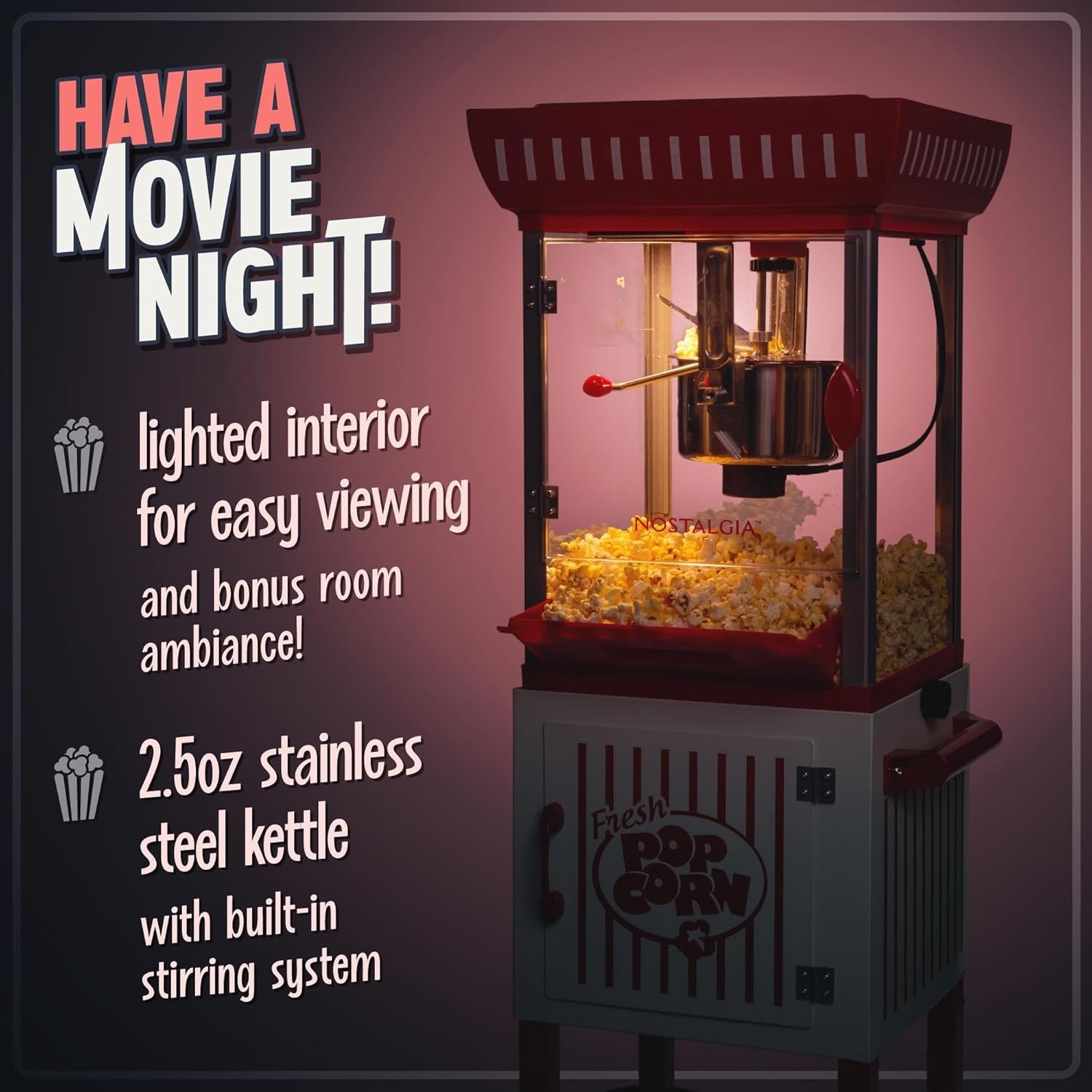 Nostalgia Popcorn Maker Machine - Professional Cart With 2.5 Oz Kettle Makes Up