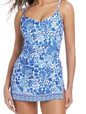 Beyond Control Swimwear Sea Life Cascade Swimdress, White/Blue, 10, $139