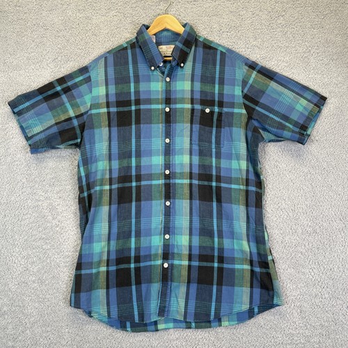 Vintage J.M. Hollander Madras Plaid Shirt Mens XL Tall Blue Green Button Up 80's