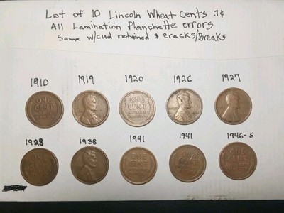 10 Lincoln Wheat Cents Lot-Raw,DEFECTIVE/RAGGED/SPLIT LAMINATE Error Collection!