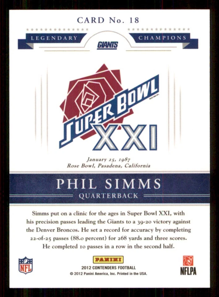 2012 Panini Contenders Legendary Champions #18 Phil Simms - Image 2 of 2