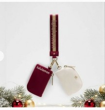 Lululemon Dual Pouch Wristlet Metallic Wordmark Berry Rumble Gold White NWT