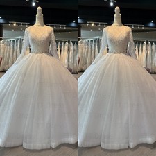 Elegant High Neck Wedding Dresses Long Sleeves Glitter Muslim Lace Bridal Gowns