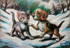 Jacob Landis HANDMADE Painting art Card ACEO Kitten & Pup "Paws In The Powder"
