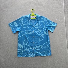 VINTAGE Malihini Hawaii Men Button Up Shirt L Blue Floral Hawaiian Loop Collar