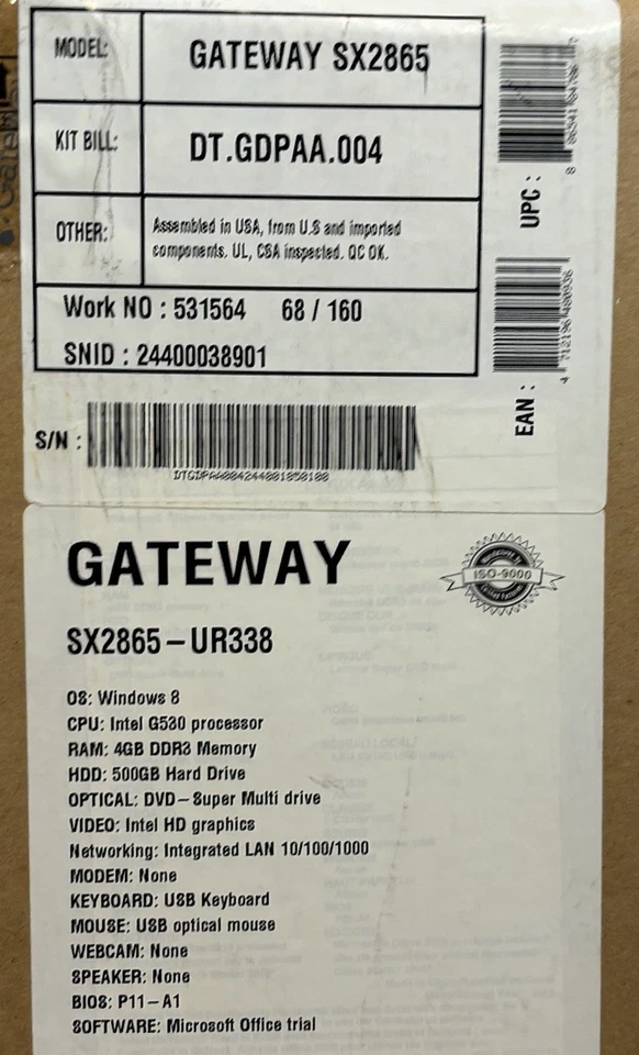 Gateway SX2865-UR338 Desktop Computer - SEALED NEW! - Image 3 of 4