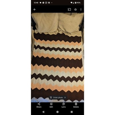 Large Granny Throw Blanket Chevron Zig Zag Pattern Vtg 70s Hand Knit Crochet