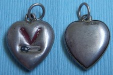Vintage enamel V Victory puffy heart sterling...