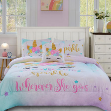 Twin Comforter Set for Girls, 5-Piece Bed in a Bag, 3D Colorful Unicorn Bedding