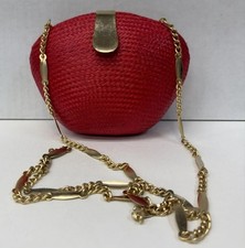 Vintage Red Woven Clutch/Clam Purse Gold Chain Strap Evening Bag Retro 60  s