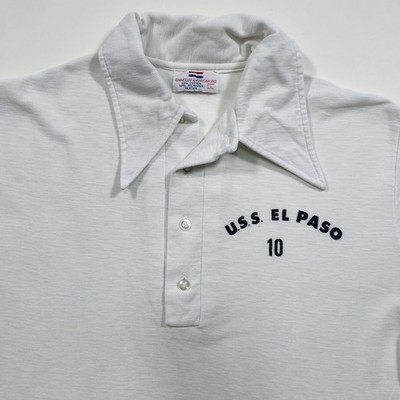1970s 1980s USS El Paso Ship Vintage Polo Shirt Dagger Collar White Size L
