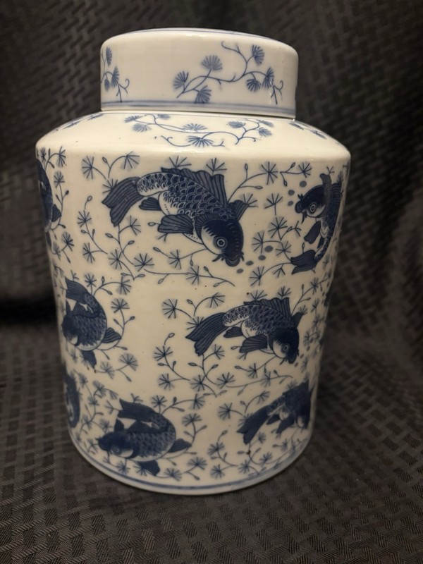 Vintage Chinese Blue And White  Good Luck/Wealthy Pot, Ginger Jar With Koi Fish