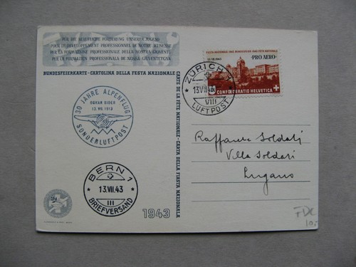 SWITZERLAND, PPC 1943, stamp Pro Aero FDC, canc. 30 years Alpenflug Oskar Biden - Picture 1 of 2