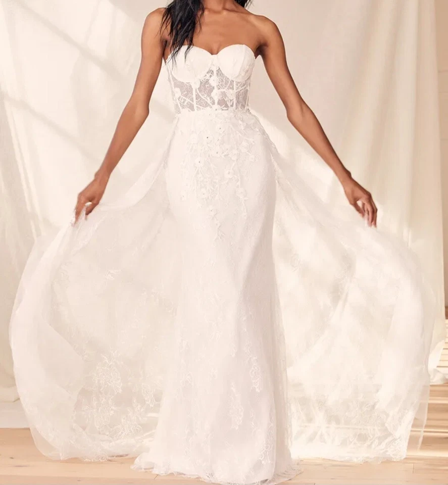 LULUS LUXE Elegance White Lace Embroidered Rhinestone Strapless Maxi Dress LARGE - Image 3 of 4