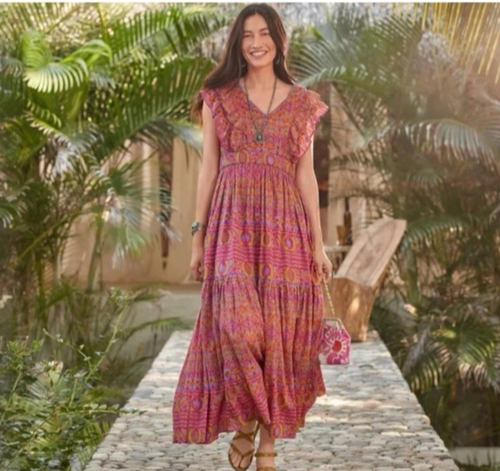 SUNDANCE Maxi Dress Medium Tiered Mystic Mosaic Pink Ruffle Elastic Waist Pocket