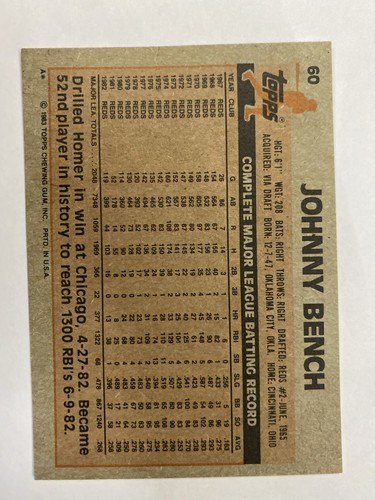 1983 Topps Baseball #60 Johnny Bench - Bild 2 von 3