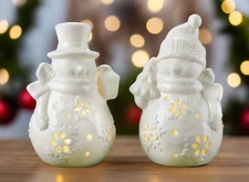 Christmas / Holiday Light up 5" LED White Porcelain Snowman 2 pc Figurines