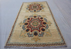 1x3 Afghan Chobi Wool Rug – Handmade Golden Beige & Sage Green Carpet – Floral