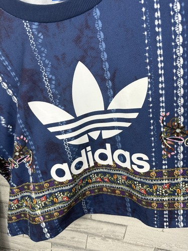 Adidas Cropped Sweatshirt Womens Large Trefoil Logo Floral Print - Picture 2 of 7
