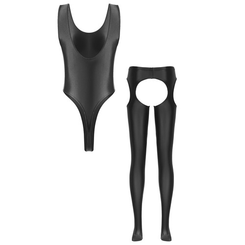 UK Women 2 Piece Outfits Glossy High Waist Pantyhose with High Cut Bodysuit Set - Picture 9 of 104