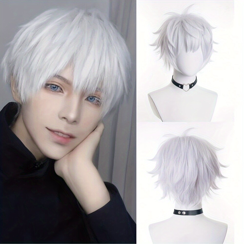 Peluca blanca plateada corta recta sintética anime cabello fibra de alta temperatura para hombre