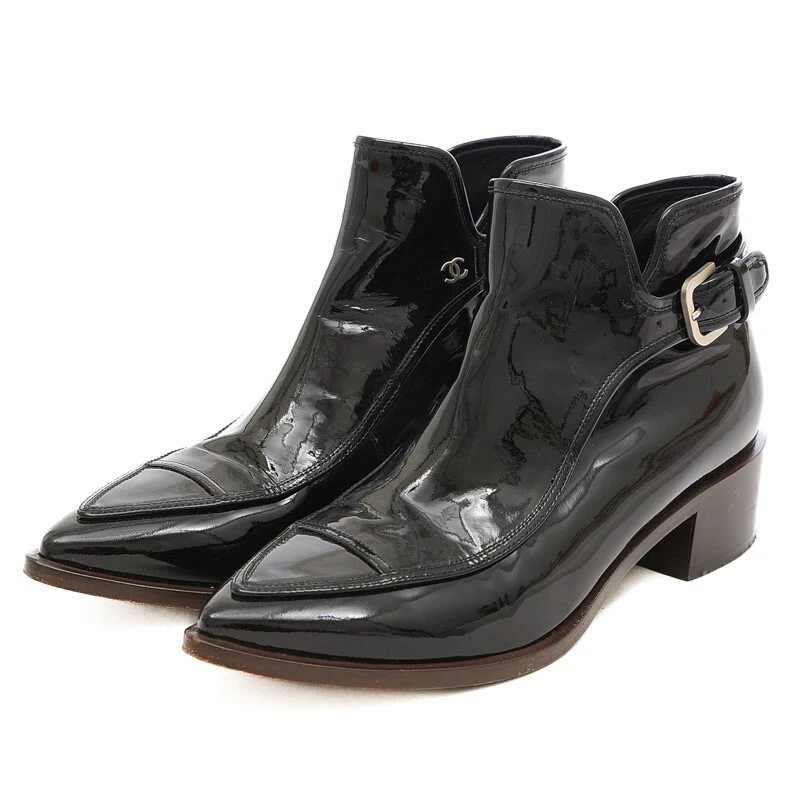 CHANEL G29581 Patent leather Short Boots 37.5C Black Auth Women