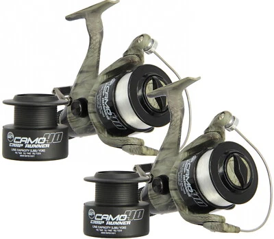 2 x NGT Karpfen Angelrolle Camouflage 40+12 lb Leine Ersatzspule Karpfenläufer Freibad