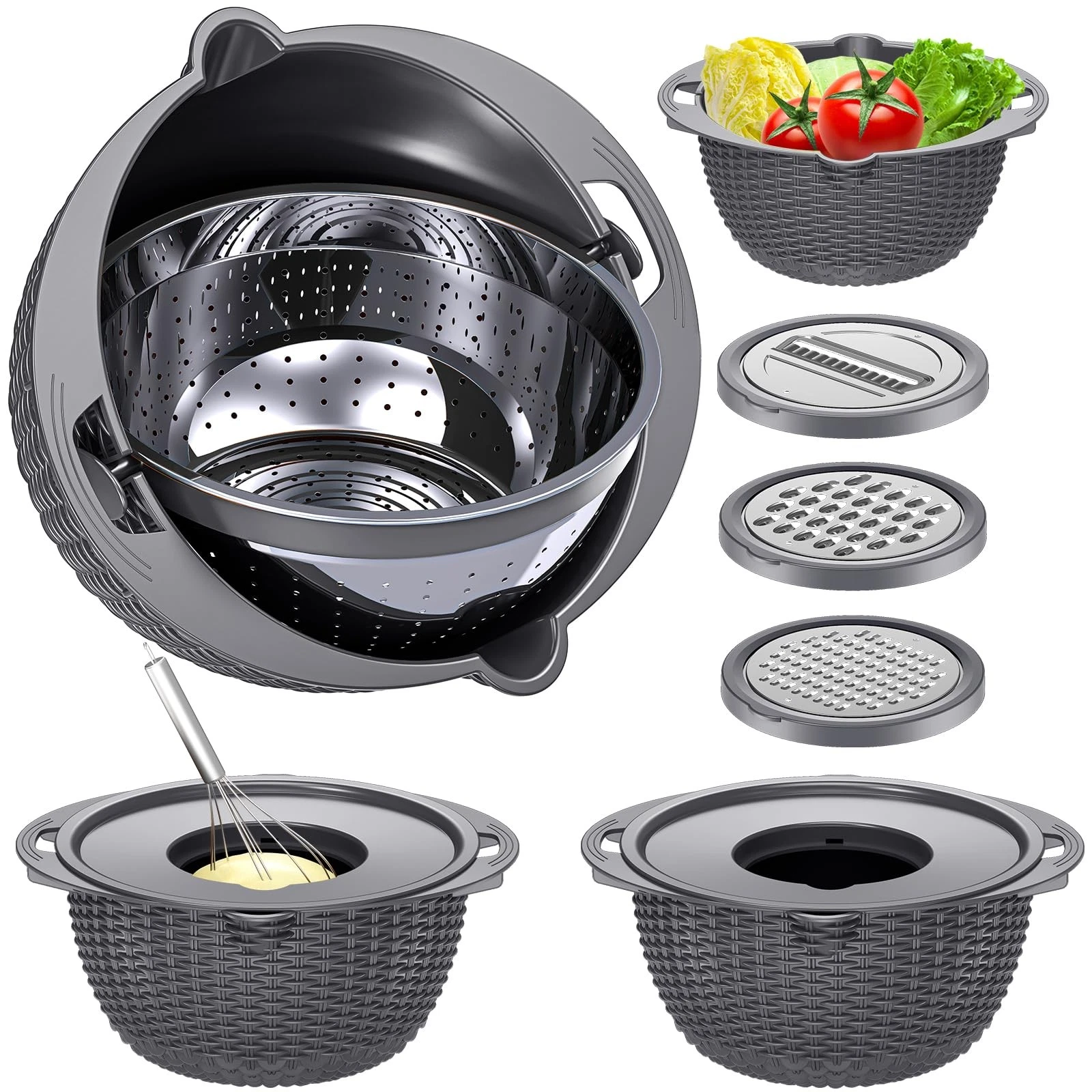 4-1 Colander with Lid Set - Rotatable Strainer With Bowl(Patented), Pasta Str...