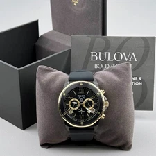 Bulova Marine Star 98B278 Men's Black Dial Black Rubber Strap Quartz Watch 44mm