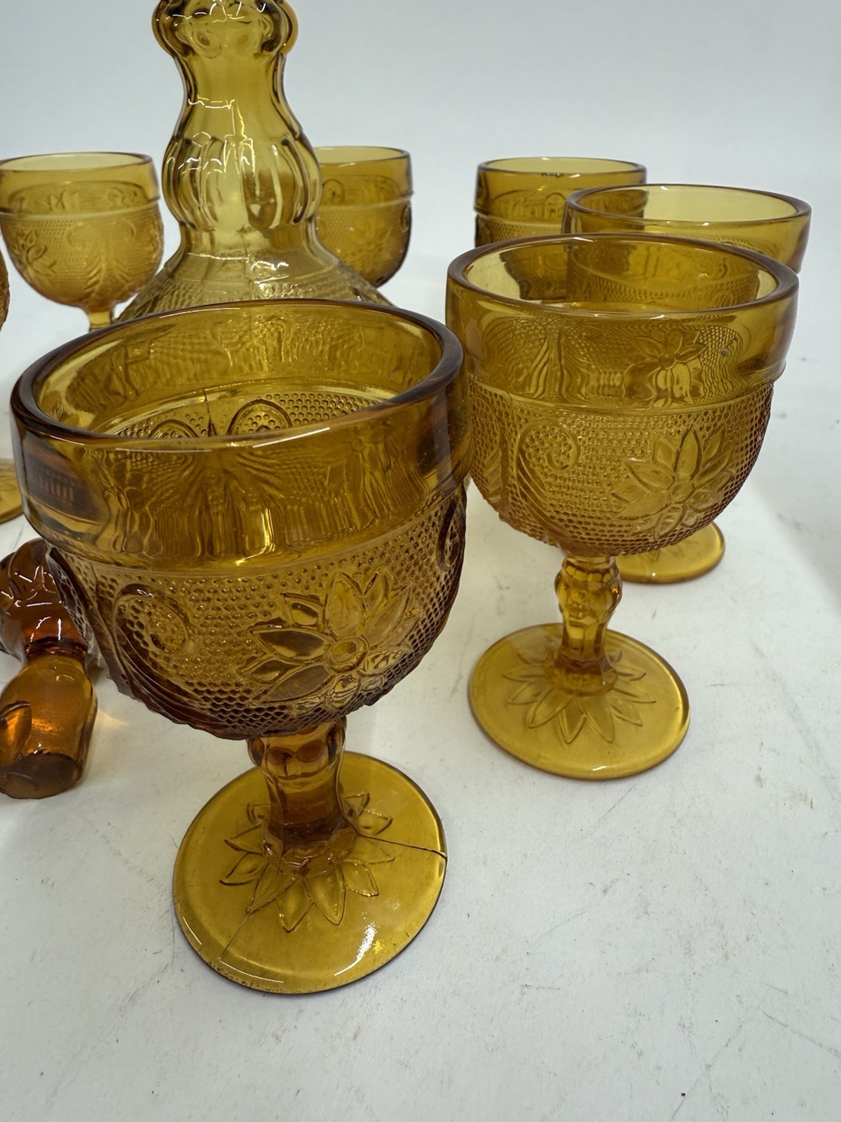 Vintage Tiara Amber Sandwich Indiana Glass Decanter Set W/8 Goblet Glasses