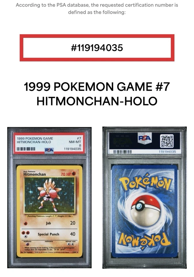 1999 Pokemon Game Hitmonchan Holo 7/102 PSA 8 Near Mint, Free Shipping - Image 3 of 3