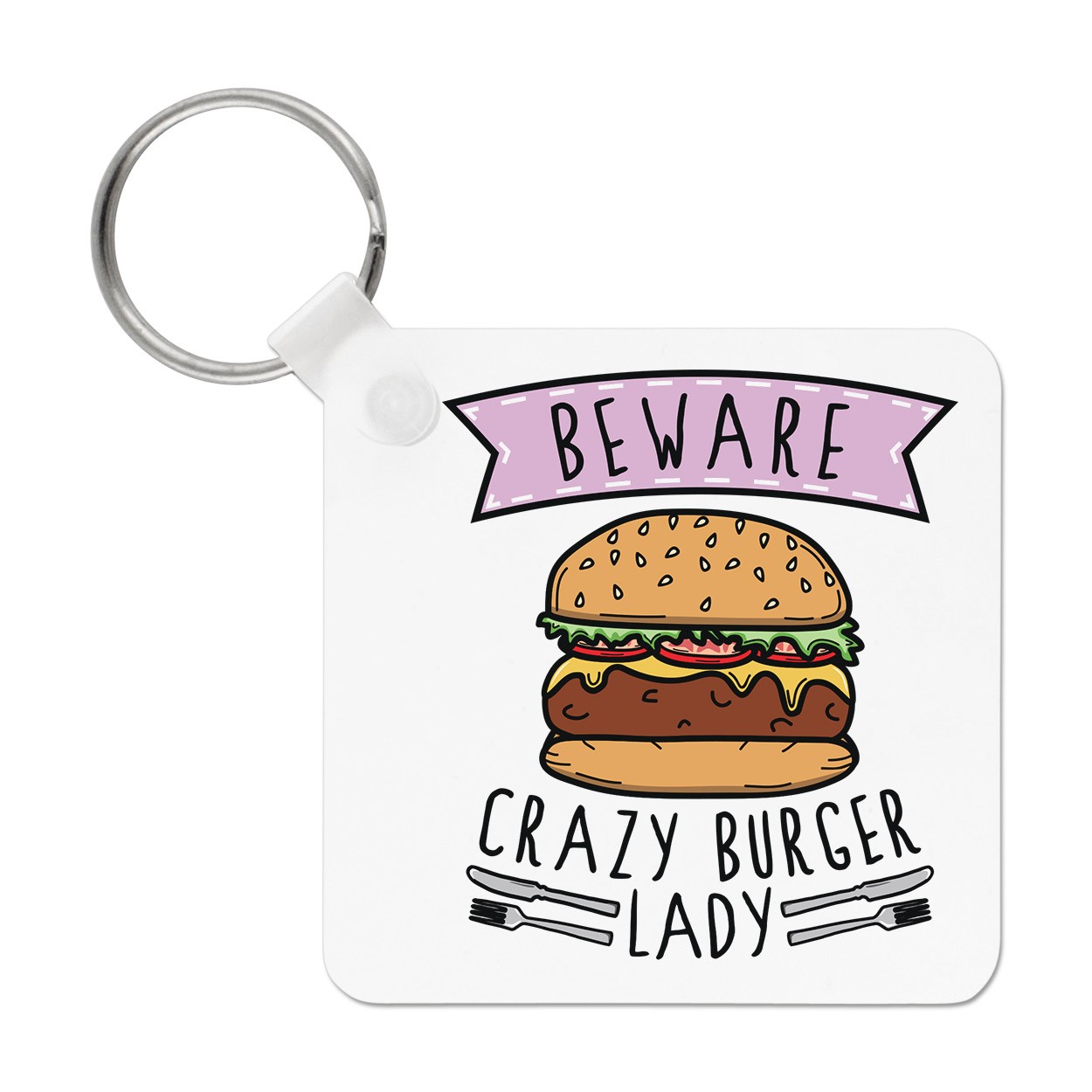 Beware Crazy Burger Lady Keyring Key Chain Fast Food Funny Joke