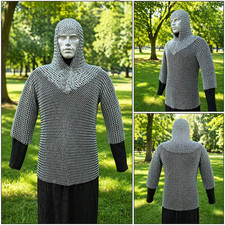 Medieval Chainmail Shirt Coif Aluminum Butted Hauberk Half Sleeve LARP Cosplay