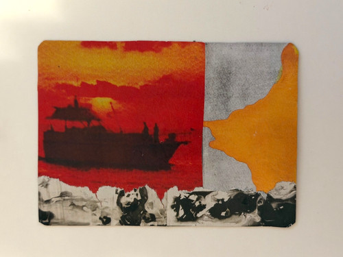ACEO Original Painting Mixed Media Red Ship Sunset Editorial Collage