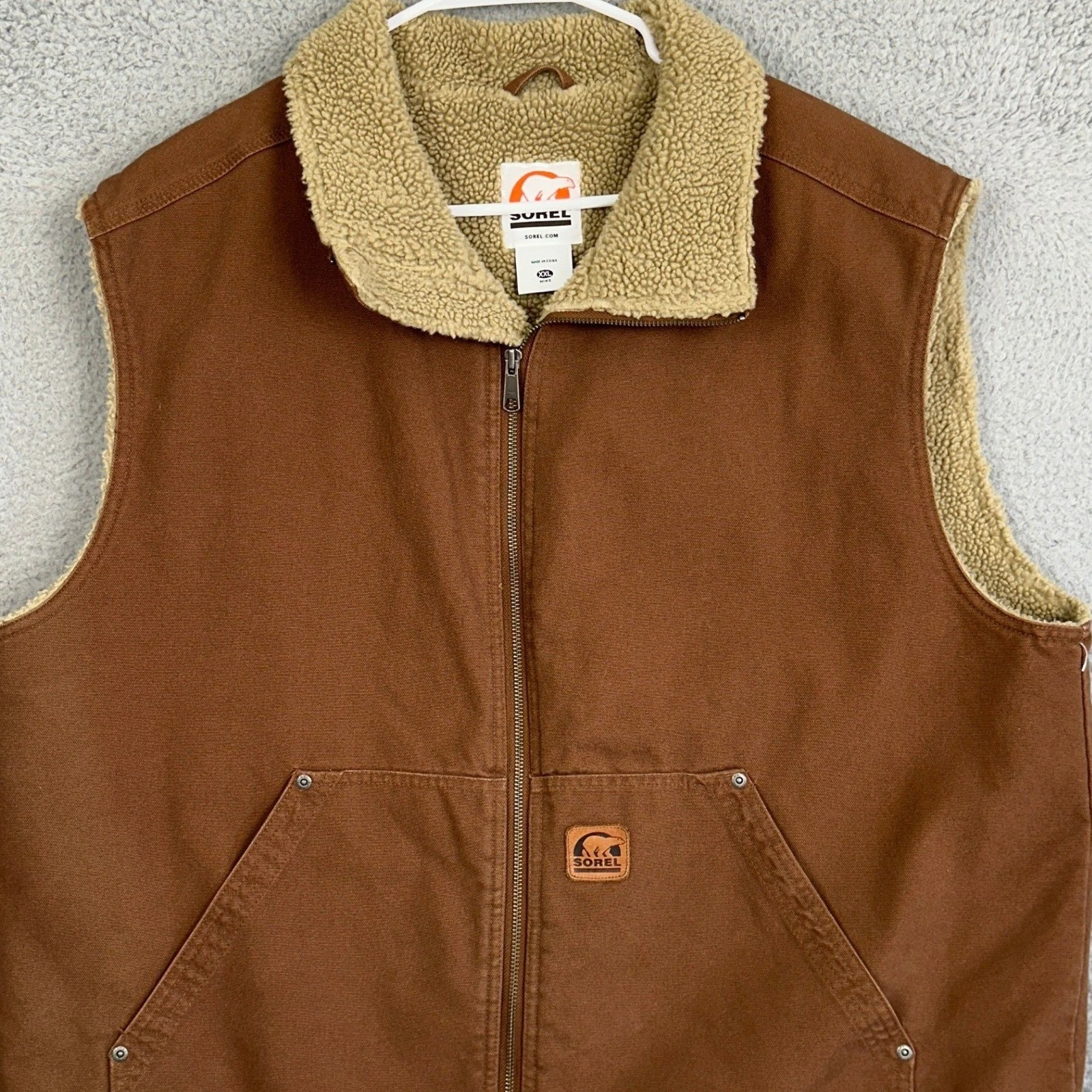 Sorel Sherpa Fleece Lined Vest Mens 2XL Brown Canvas Workwear Utility Full Zip