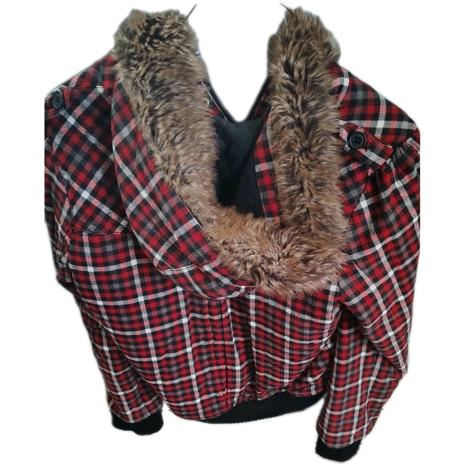 Y2K ROXY HOODED JACKET juniors size Large Red Plaid Faux Hood pre-owned  used - Image 4 of 4