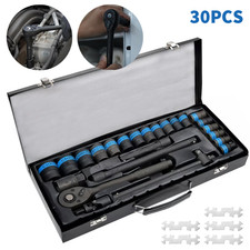 30PC BLACK SOCKETS RATCHET WRENCH SET 1/2 INCH DRIVE METRIC METAL CARRY CASE BOX