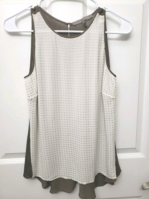 Halston Heritage Silk Top Blouse Size S Tailored Cream/Brown Studded Front