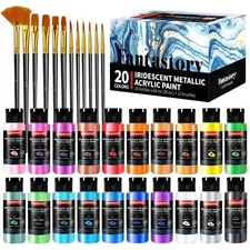 Fantastory Metallic Iridescent Acrylic Paint Set with 12 Brushes, 20 x 2oz