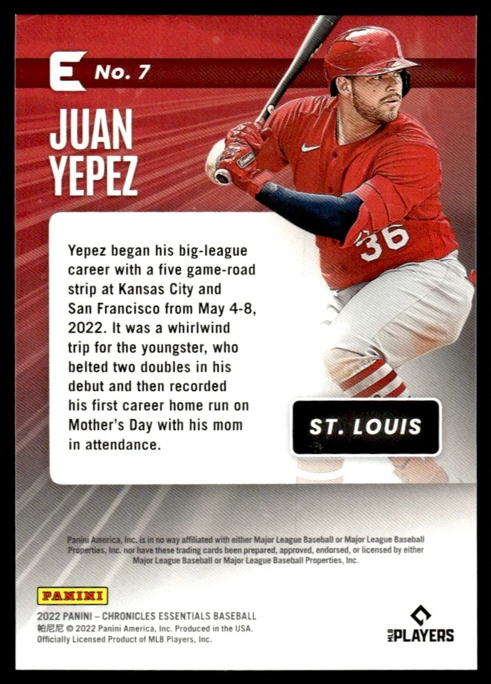 2022 Panini Chronicles Essentials Juan Yepez St. Louis Cardinals #7 - Image 2 of 2