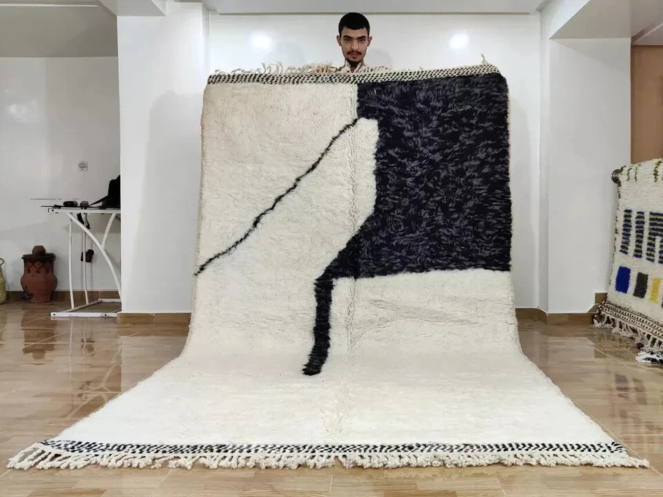 Hand Knotted Moroccan Berber Wool Rug Color White Black Handmade Carpet Rug
