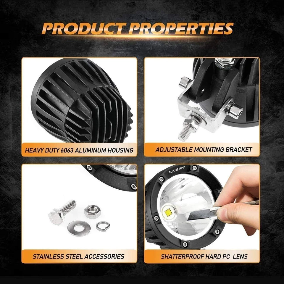 2 peças Auxbeam 4" luzes de direção offroad redondas luzes LED pod para Ford F250 F350 - Imagem 2 de 4