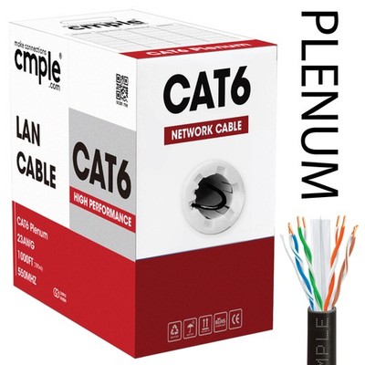 Cat6 Plenum Network Ethernet Cable 1000ft CMP Solid 23AWG UTP Bulk Box Black