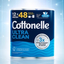 Cottonelle Toilet Paper 12 Mega Rolls = 48 Regular Rolls Ultra Clean Tissue Roll