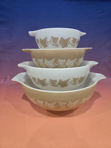 Vintage Pyrex Golden Ivy Glass Cinderella Mixing Bowls Set of 4 (441-444)