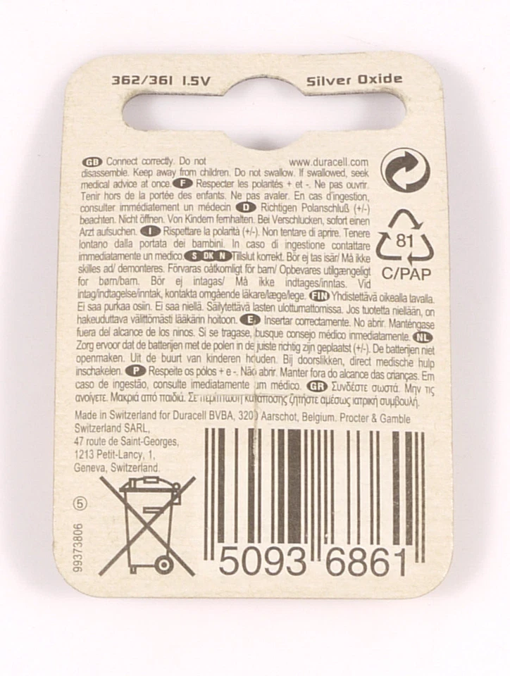 PRL) BATTERIE BOTTONE OROLOGIO DURACELL WATCH 362/361 BATTERY 1.5V SILVER OXIDE Foto 2 de 2