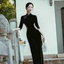 Women Chinese Traditional Long Cheongsam Velvet Qipao Dress Party Gown Wedding