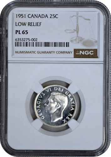 1951 Canada George VI Silver 25C Low Relief NGC PL65 Proof Like
